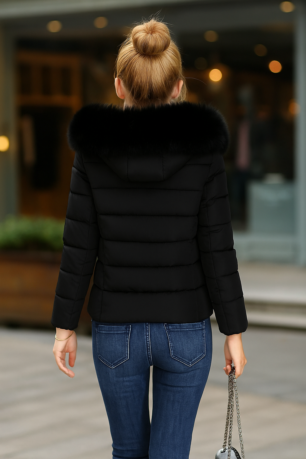 coat with artificial raccoon fur collar