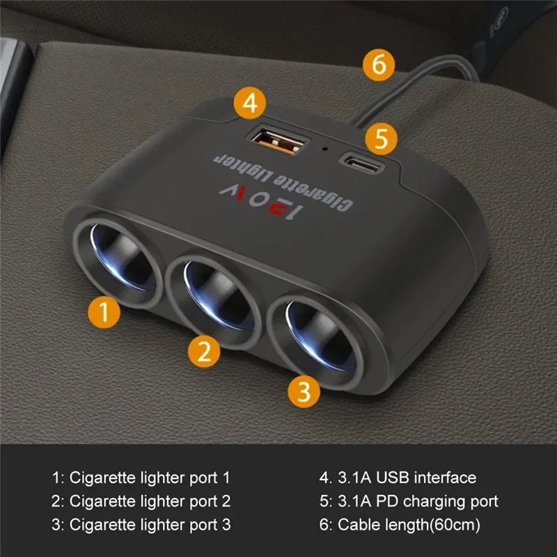 3 - in - 1 Car Charger & Cigarette Lighter Splitter – 120WAzizaK