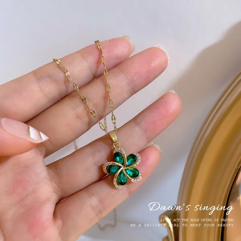 316L Stainless Steel Flower Pendant Necklace with Green ZirconAzizaK