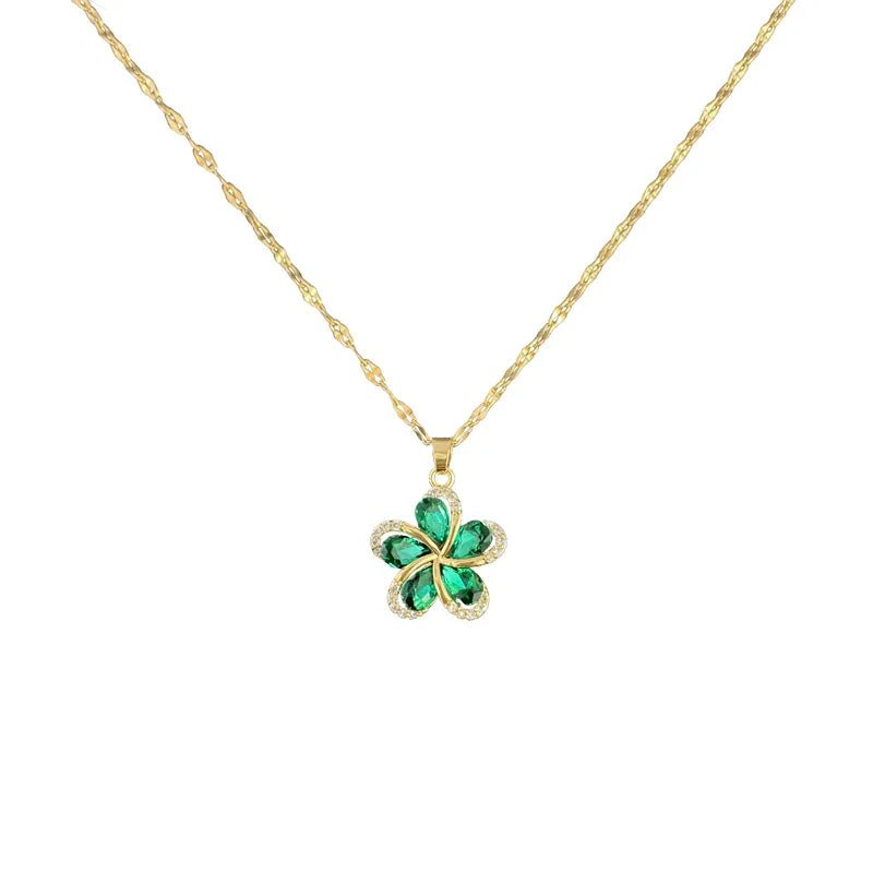 316L Stainless Steel Flower Pendant Necklace with Green ZirconAzizaK