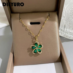 316L Stainless Steel Flower Pendant Necklace with Green ZirconAzizaK
