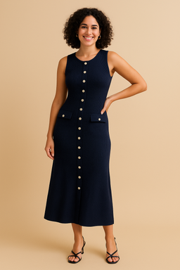 Elegant Ribbed Button-Front Midi Dress