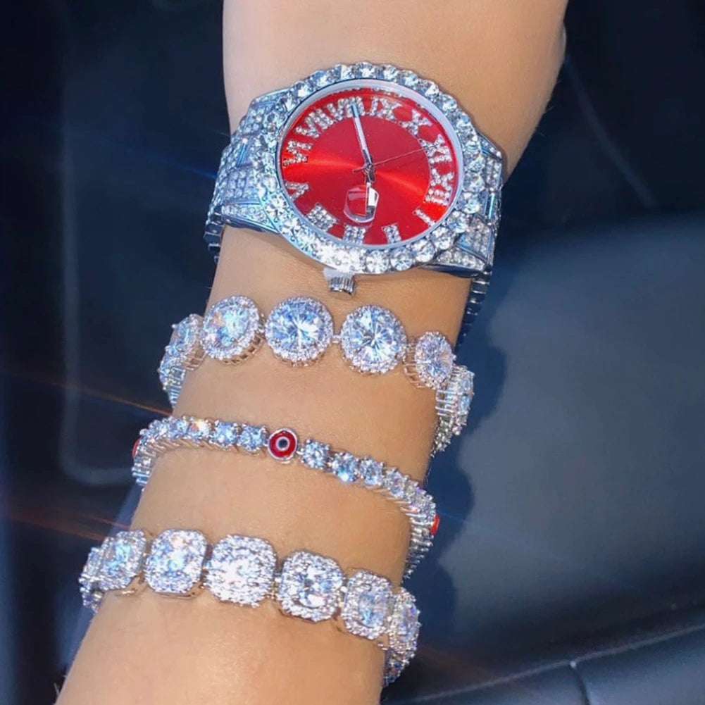 Necklace+Watch+Bracelet Iced Out Watch For Men Hip Hop 14MM Prong