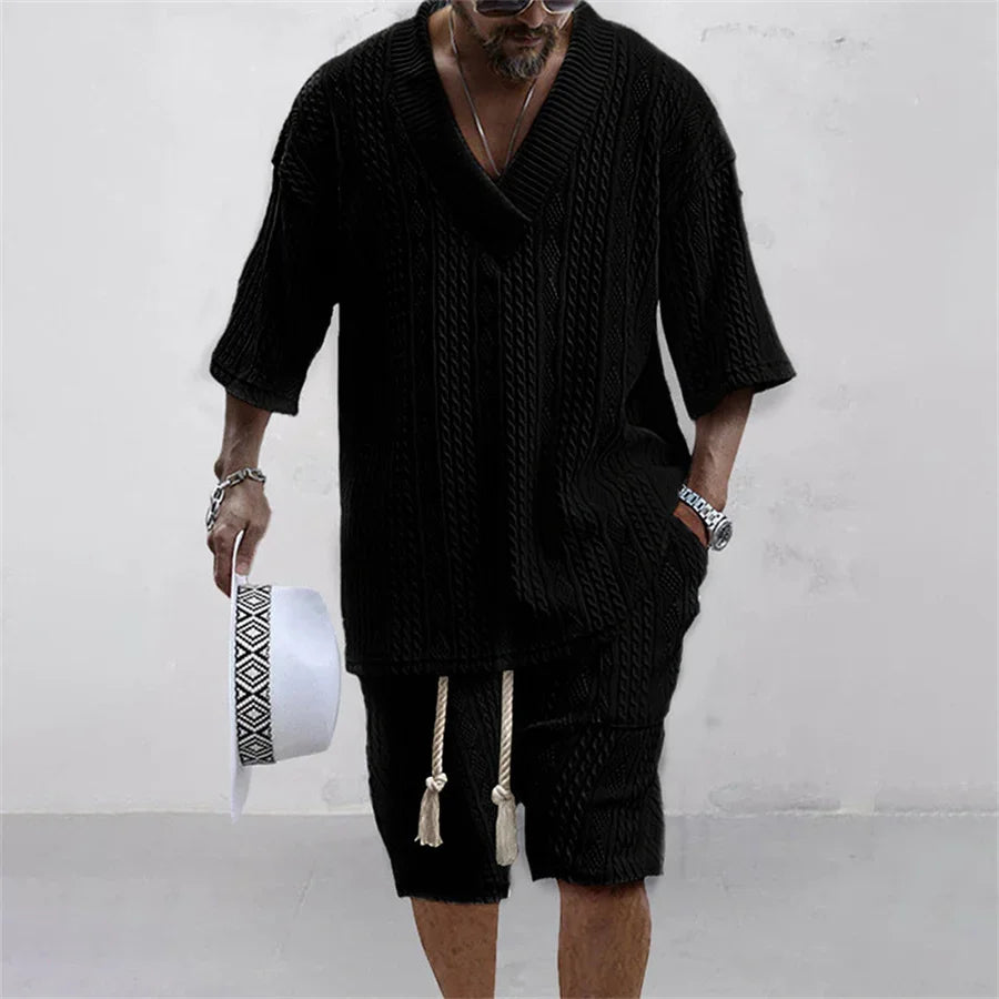 ☀️ 2-piece knitted set – V-neck T-shirt and shorts