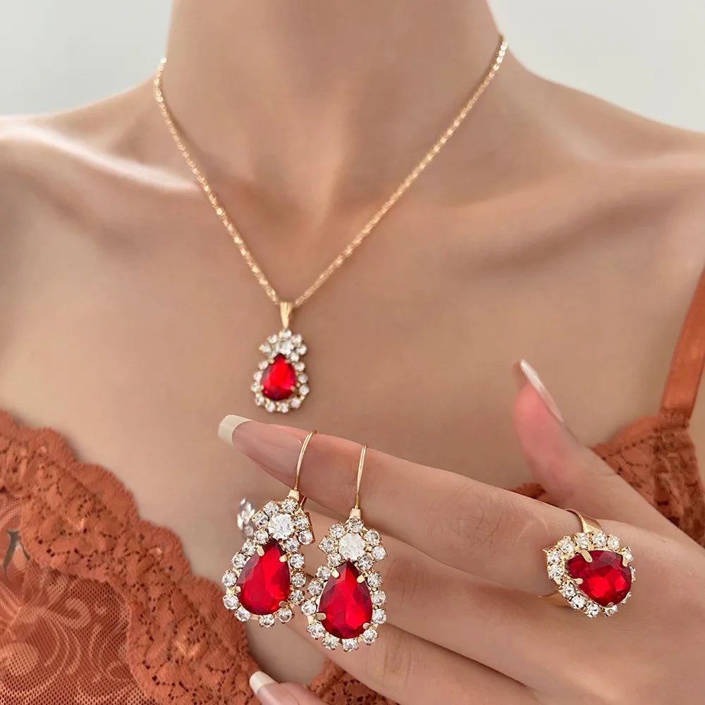 Blue Cyrstal Ring Necklace Earrings Set Wedding Jewelry Sets For Brides Pendant Earrings For Girls Women African Jewelry SetsAzizaK