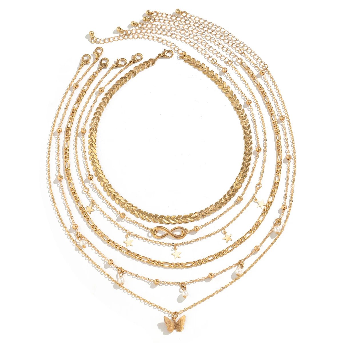 Boho Infinite Symbol Leaf Butterfly Pendant Necklace Set of 6 for Women Vintage Ethnic Imitation Pearl Thin Chain Party JewelryAzizaK