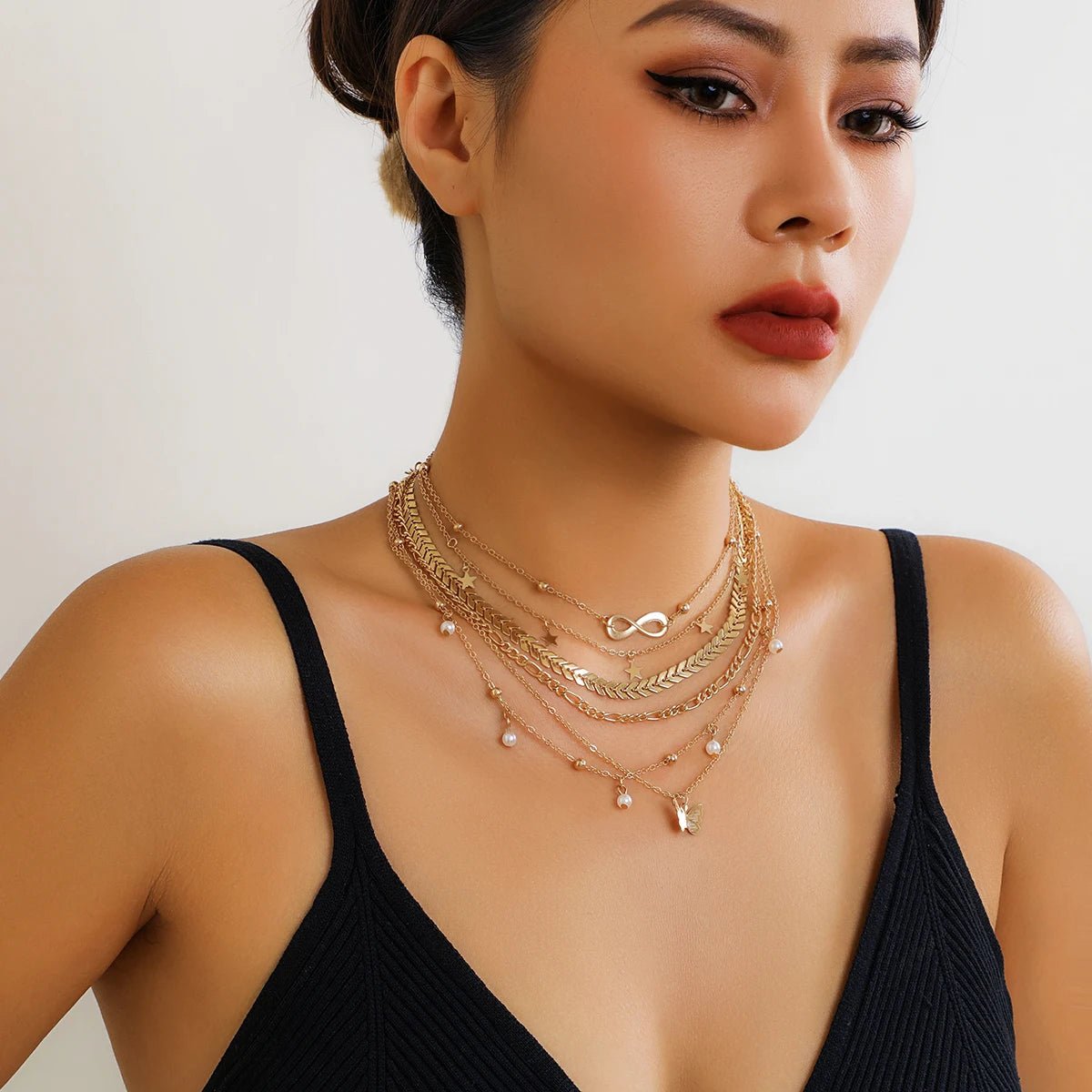 Boho Infinite Symbol Leaf Butterfly Pendant Necklace Set of 6 for Women Vintage Ethnic Imitation Pearl Thin Chain Party JewelryAzizaK