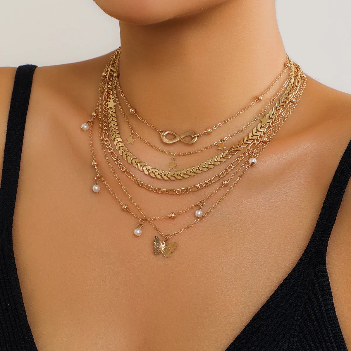 Boho Infinite Symbol Leaf Butterfly Pendant Necklace Set of 6 for Women Vintage Ethnic Imitation Pearl Thin Chain Party JewelryAzizaK