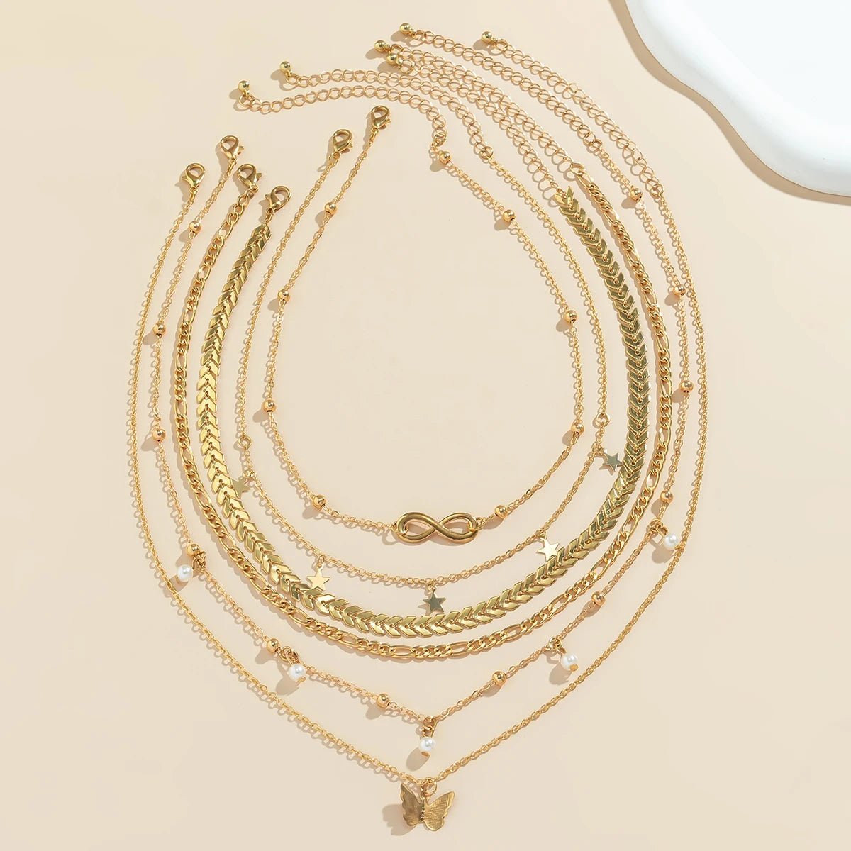 Boho Infinite Symbol Leaf Butterfly Pendant Necklace Set of 6 for Women Vintage Ethnic Imitation Pearl Thin Chain Party JewelryAzizaK