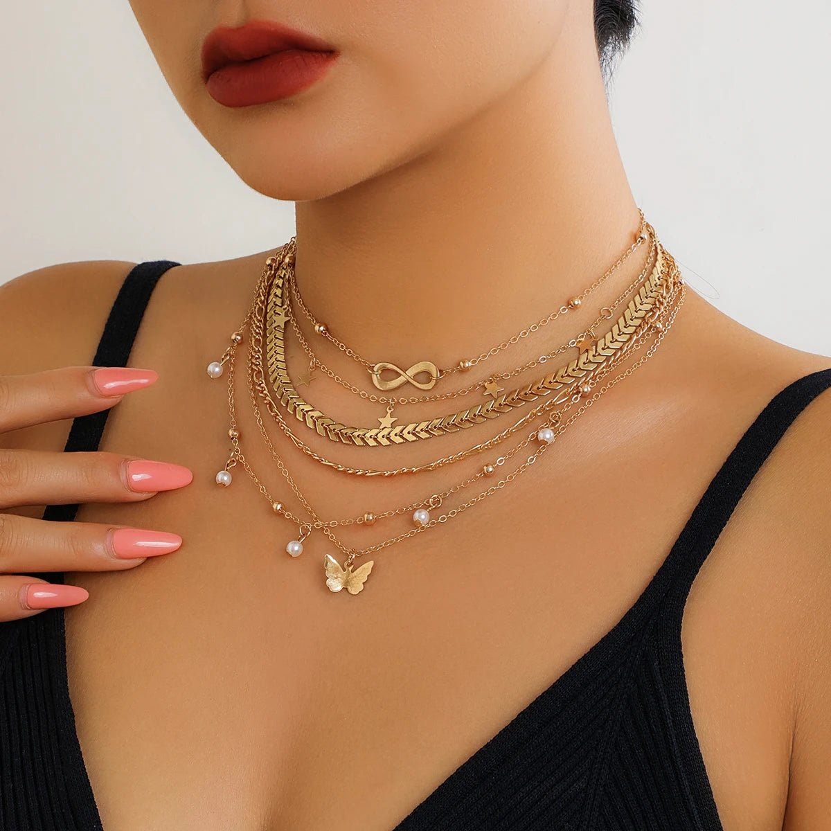 Boho Infinite Symbol Leaf Butterfly Pendant Necklace Set of 6 for Women Vintage Ethnic Imitation Pearl Thin Chain Party JewelryAzizaK
