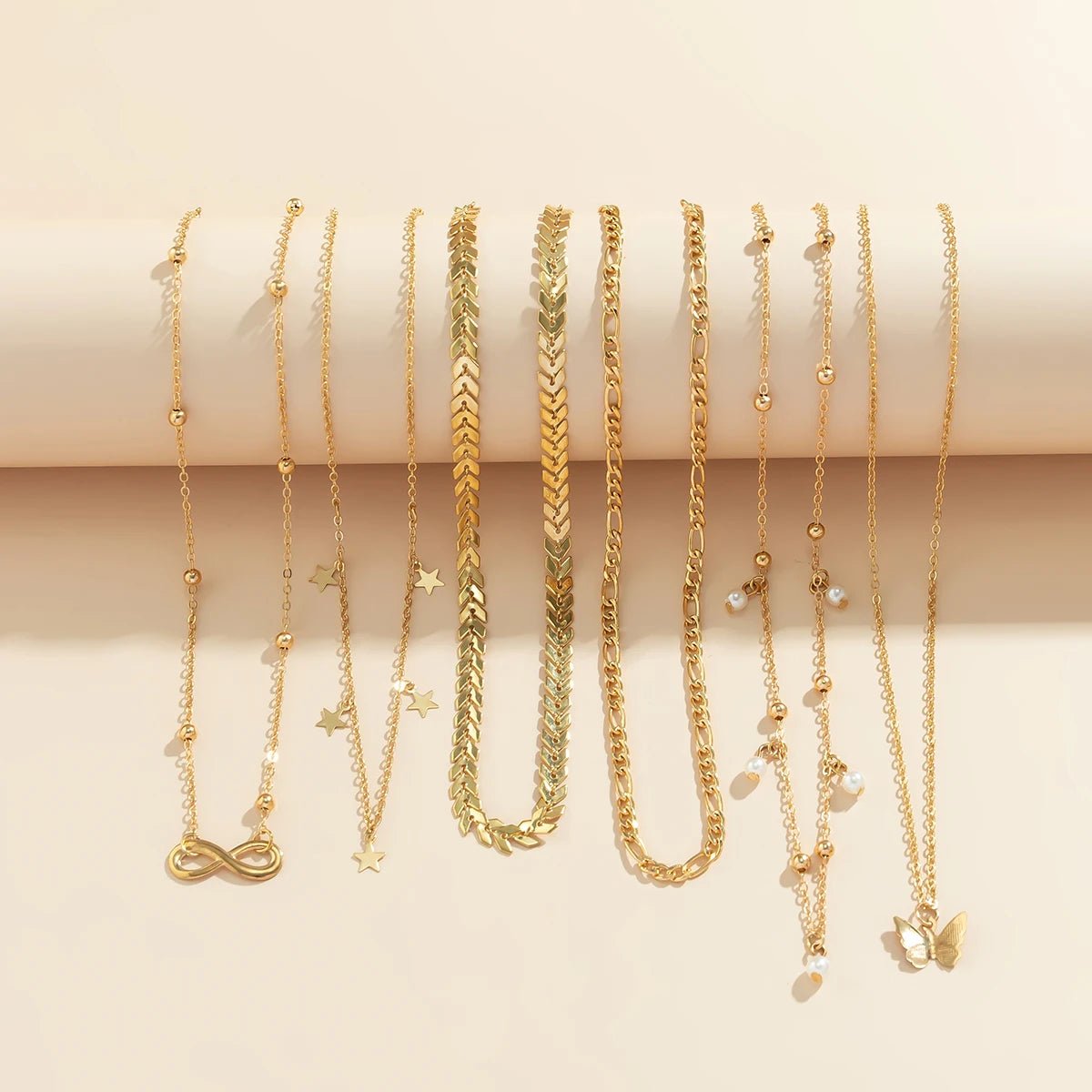 Boho Infinite Symbol Leaf Butterfly Pendant Necklace Set of 6 for Women Vintage Ethnic Imitation Pearl Thin Chain Party JewelryAzizaK