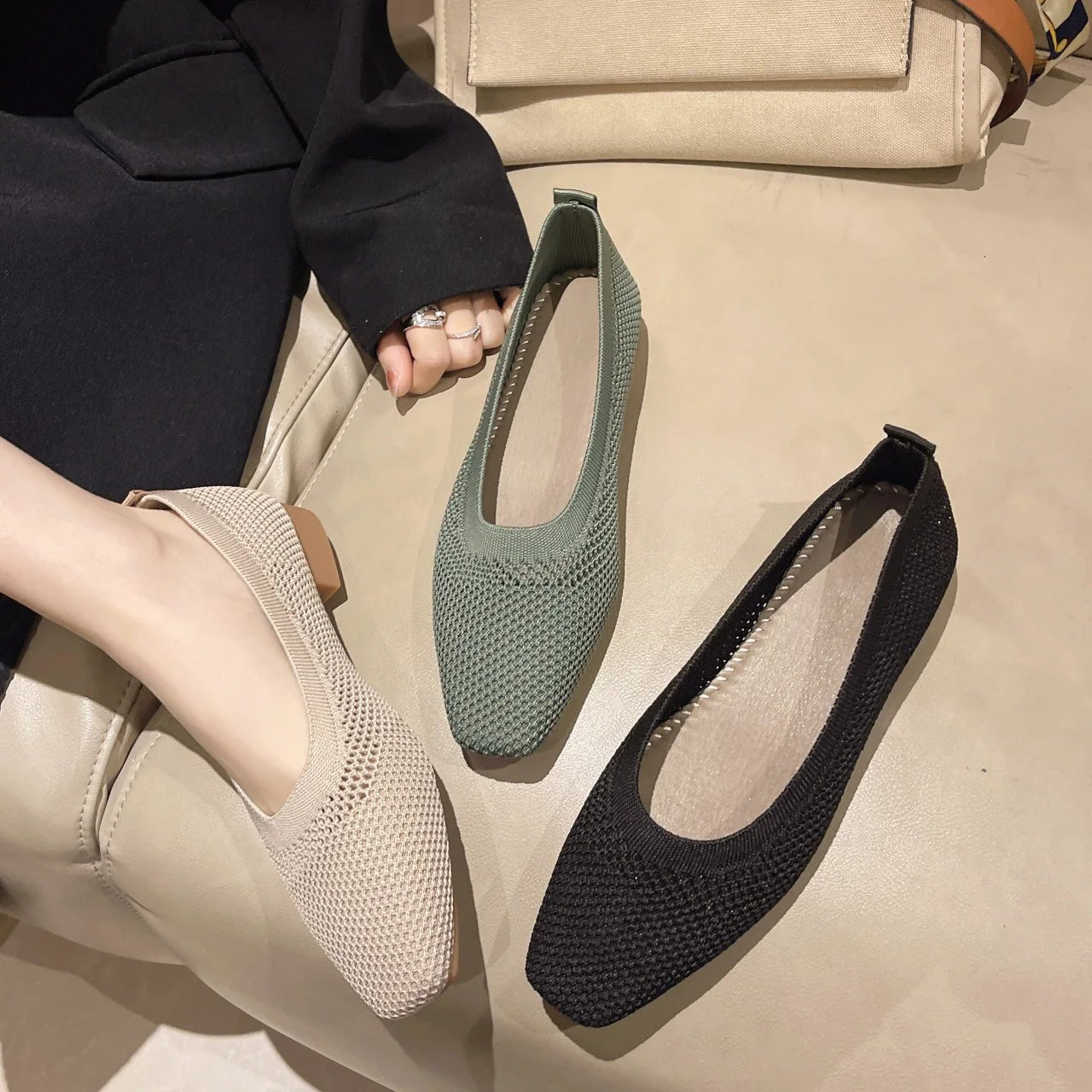 Breathable Knit Flats – Women’s Square Toe Slip - OnsAzizaK