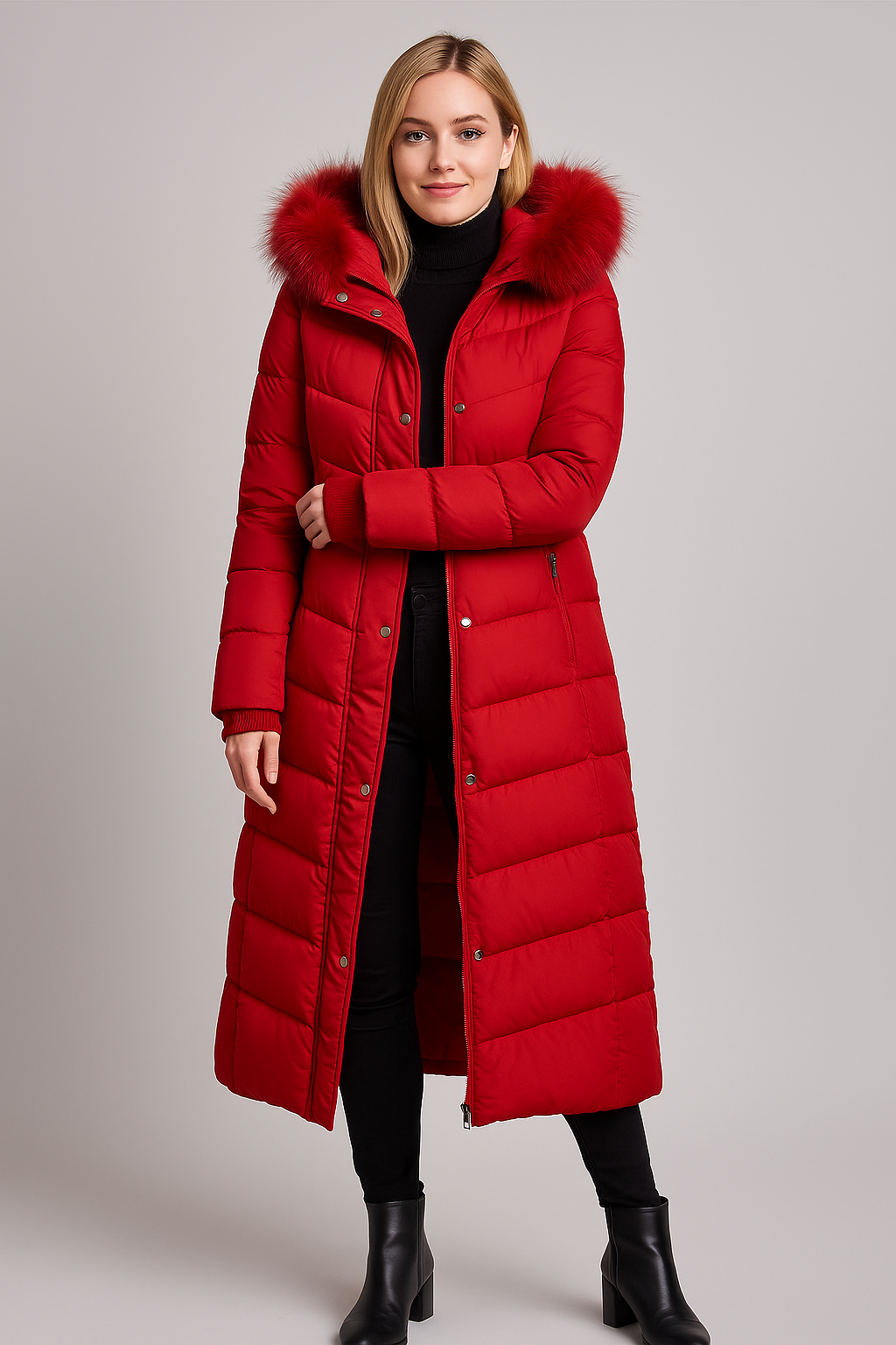 Elegant Long Puffer Coat with Faux Fur Hood