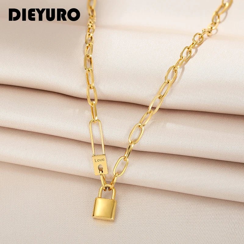 DIEYURO 316L Stainless Steel Letter Love Lock Pendant Thick Chain Necklace FemaleAzizaK