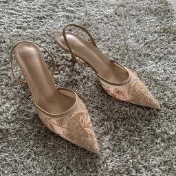 Embroidered Mesh Heels – Pointed Toe Slingback MulesAzizaK