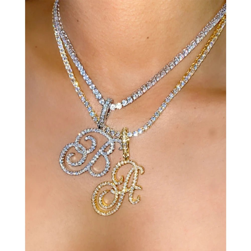 New Cursive Letters Cubic Zirconia Chain Intial Name Necklace Hip Hop Jewelry Gold Silver Color CZ 26 Alphabet Pendant NecklacesAzizaK