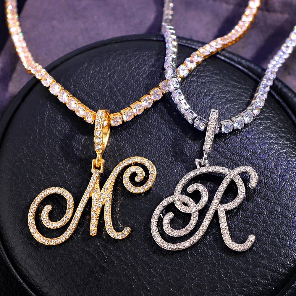 New Cursive Letters Cubic Zirconia Chain Intial Name Necklace Hip Hop Jewelry Gold Silver Color CZ 26 Alphabet Pendant NecklacesAzizaK