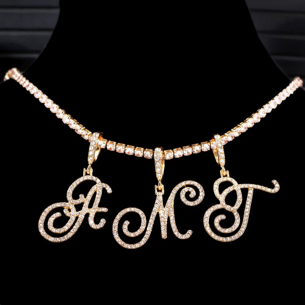 New Cursive Letters Cubic Zirconia Chain Intial Name Necklace Hip Hop Jewelry Gold Silver Color CZ 26 Alphabet Pendant NecklacesAzizaK