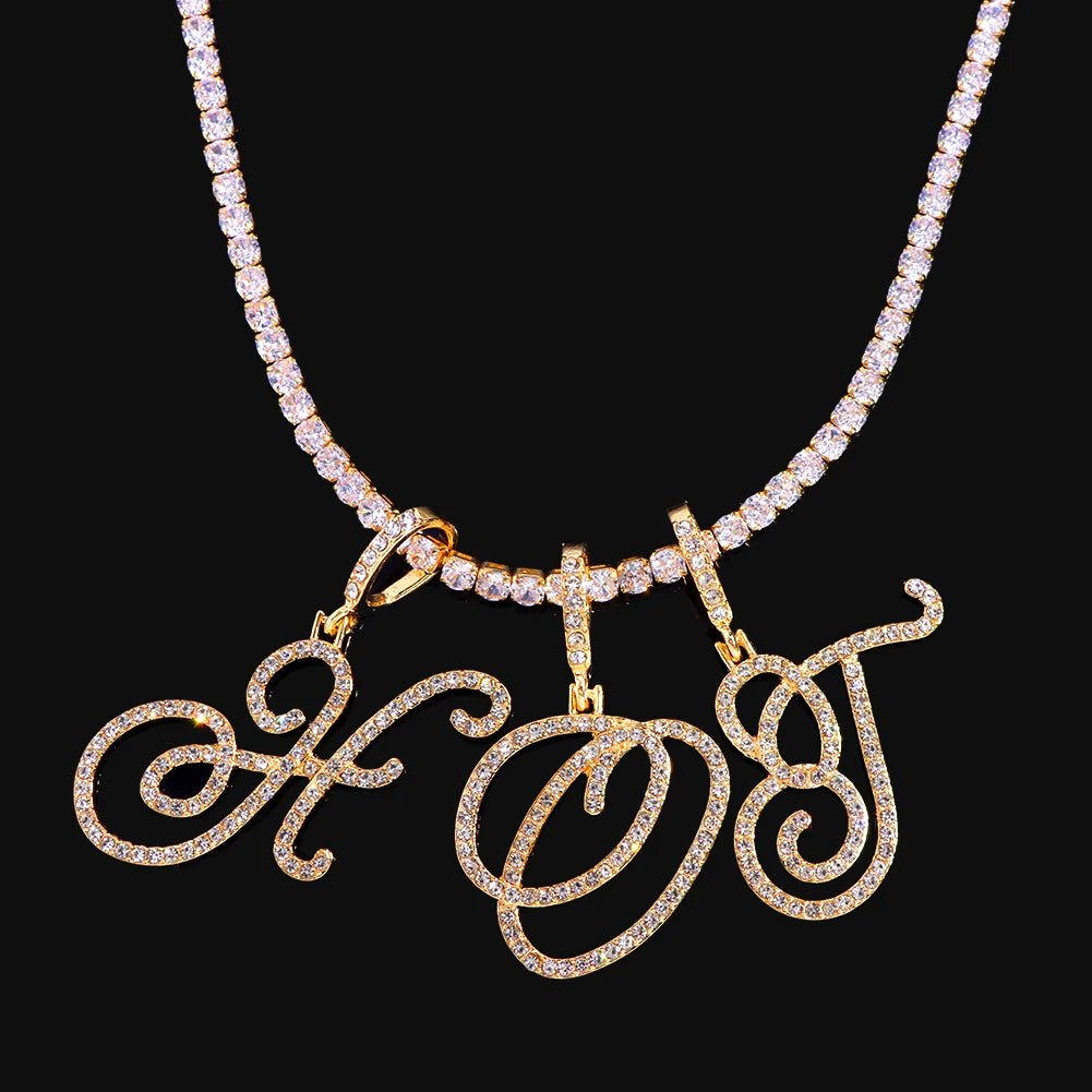 New Cursive Letters Cubic Zirconia Chain Intial Name Necklace Hip Hop Jewelry Gold Silver Color CZ 26 Alphabet Pendant NecklacesAzizaK