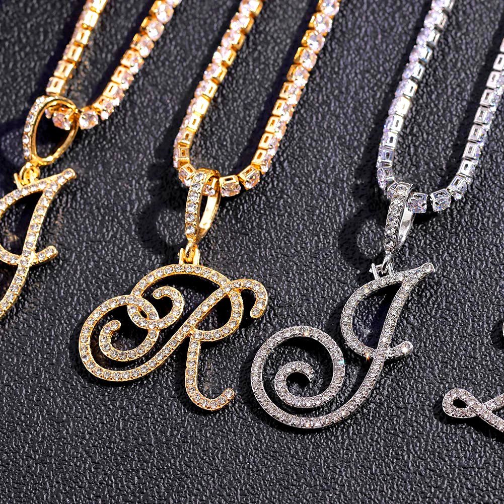 New Cursive Letters Cubic Zirconia Chain Intial Name Necklace Hip Hop Jewelry Gold Silver Color CZ 26 Alphabet Pendant NecklacesAzizaK