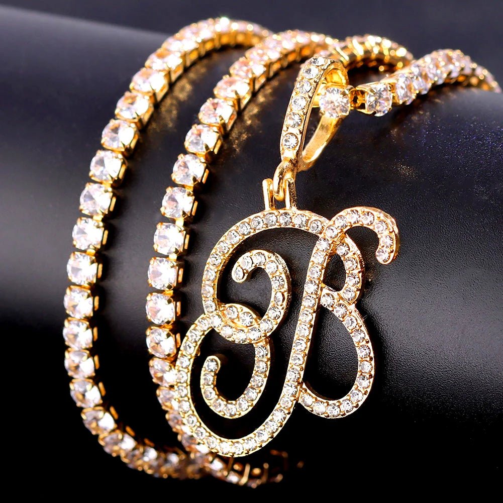New Cursive Letters Cubic Zirconia Chain Intial Name Necklace Hip Hop Jewelry Gold Silver Color CZ 26 Alphabet Pendant NecklacesAzizaK