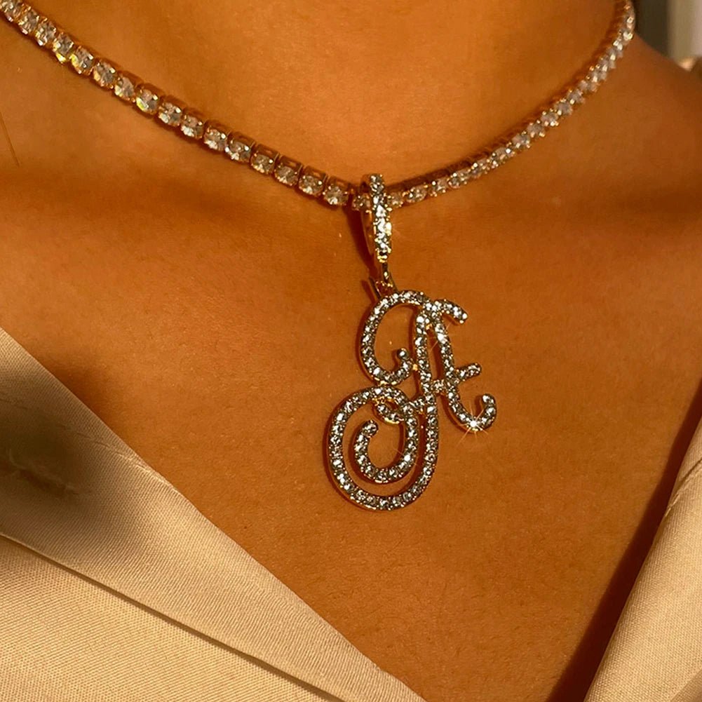 New Cursive Letters Cubic Zirconia Chain Intial Name Necklace Hip Hop Jewelry Gold Silver Color CZ 26 Alphabet Pendant NecklacesAzizaK