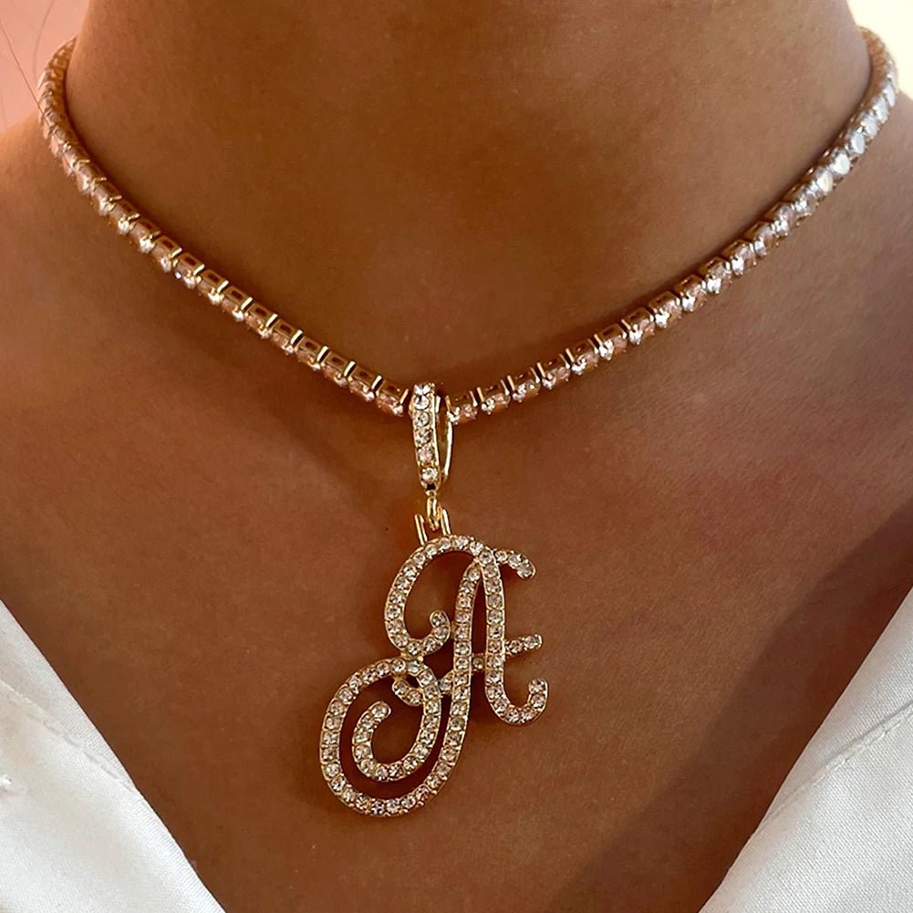 New Cursive Letters Cubic Zirconia Chain Intial Name Necklace Hip Hop Jewelry Gold Silver Color CZ 26 Alphabet Pendant NecklacesAzizaK