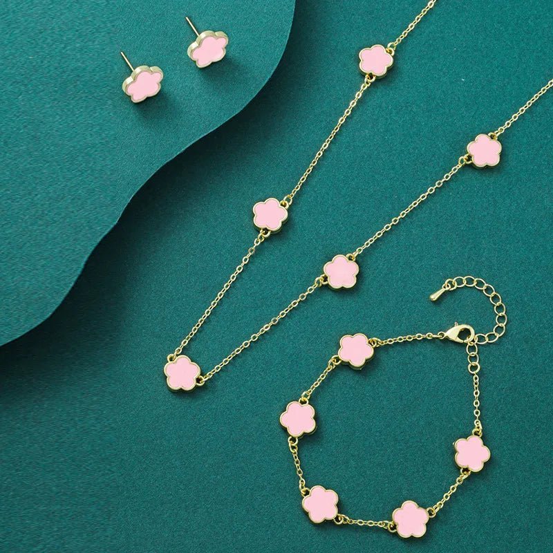 New Hot Selling Multicolour Lucky Five Leaf Flower Pendant Necklace Bracelet Set for Women Gift Trendy Jewelry Paty Jewelry SetsAzizaK