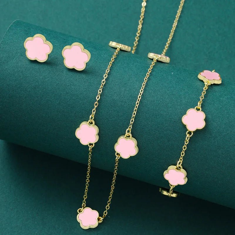 New Hot Selling Multicolour Lucky Five Leaf Flower Pendant Necklace Bracelet Set for Women Gift Trendy Jewelry Paty Jewelry SetsAzizaK