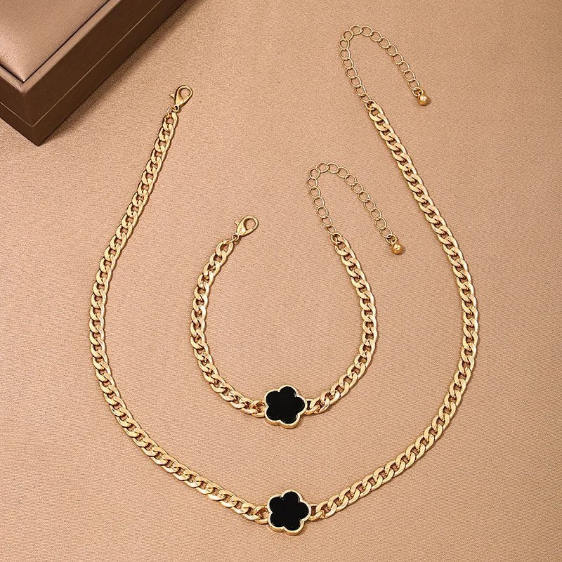New Hot Selling Multicolour Lucky Five Leaf Flower Pendant Necklace Bracelet Set for Women Gift Trendy Jewelry Paty Jewelry SetsAzizaK