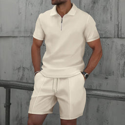 🌞 New Summer Waffle Set – Solid Color Zip - Up Lapel Top & Shorts (2 - Piece)AzizaK