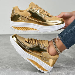 Platform Glitter Sneakers – Women’s Shiny Lace - Up TrainersAzizaK
