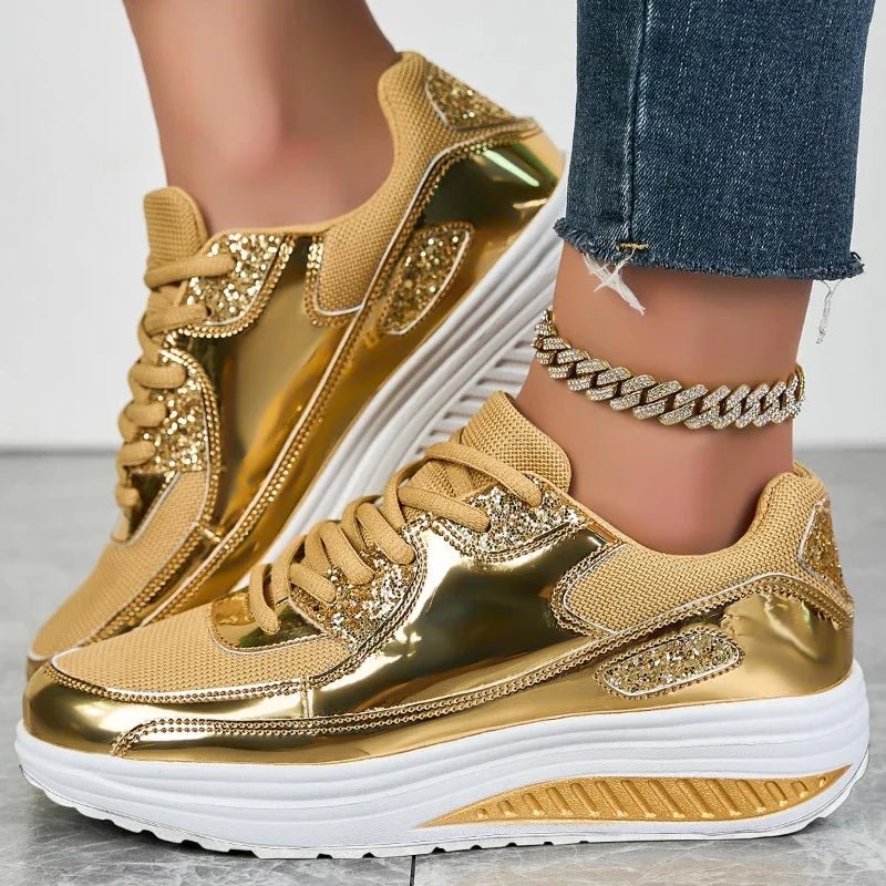 Platform Glitter Sneakers – Women’s Shiny Lace - Up TrainersAzizaK