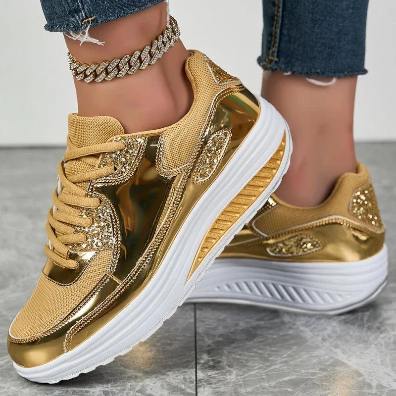 Platform Glitter Sneakers – Women’s Shiny Lace - Up TrainersAzizaK