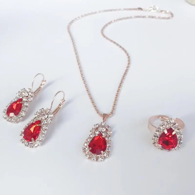 Waterdrop Green Rhinestone Necklace Earrings Ring Jewelry Set Chic Ladies Jewelry Fashion Bling Bling Bridal Party AccessoriesAzizaK