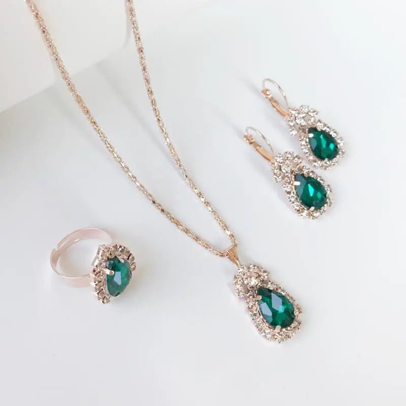 Waterdrop Green Rhinestone Necklace Earrings Ring Jewelry Set Chic Ladies Jewelry Fashion Bling Bling Bridal Party AccessoriesAzizaK