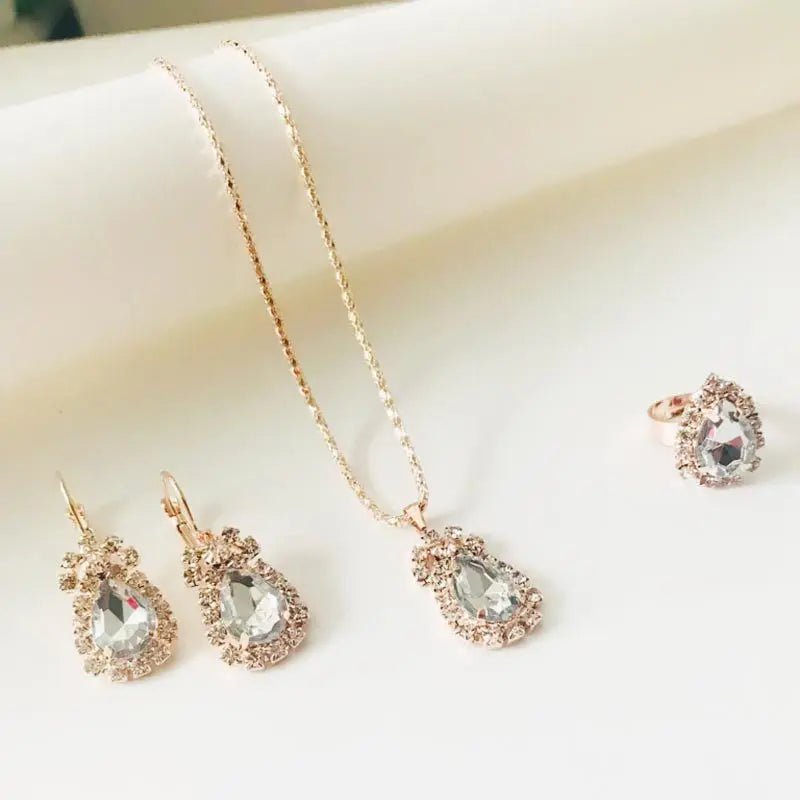 Waterdrop Green Rhinestone Necklace Earrings Ring Jewelry Set Chic Ladies Jewelry Fashion Bling Bling Bridal Party AccessoriesAzizaK