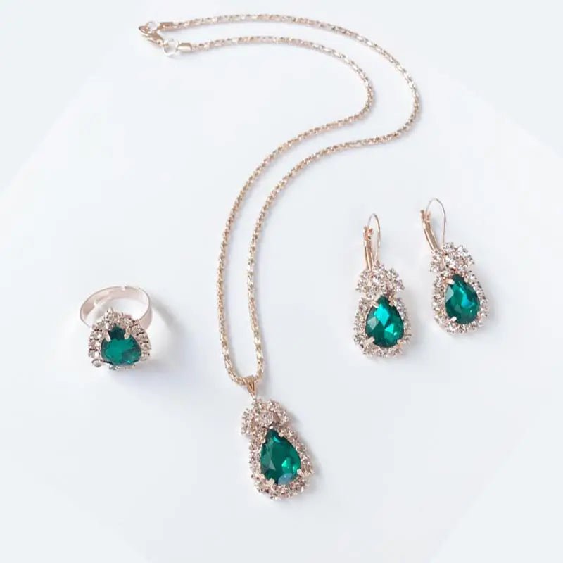 Waterdrop Green Rhinestone Necklace Earrings Ring Jewelry Set Chic Ladies Jewelry Fashion Bling Bling Bridal Party AccessoriesAzizaK