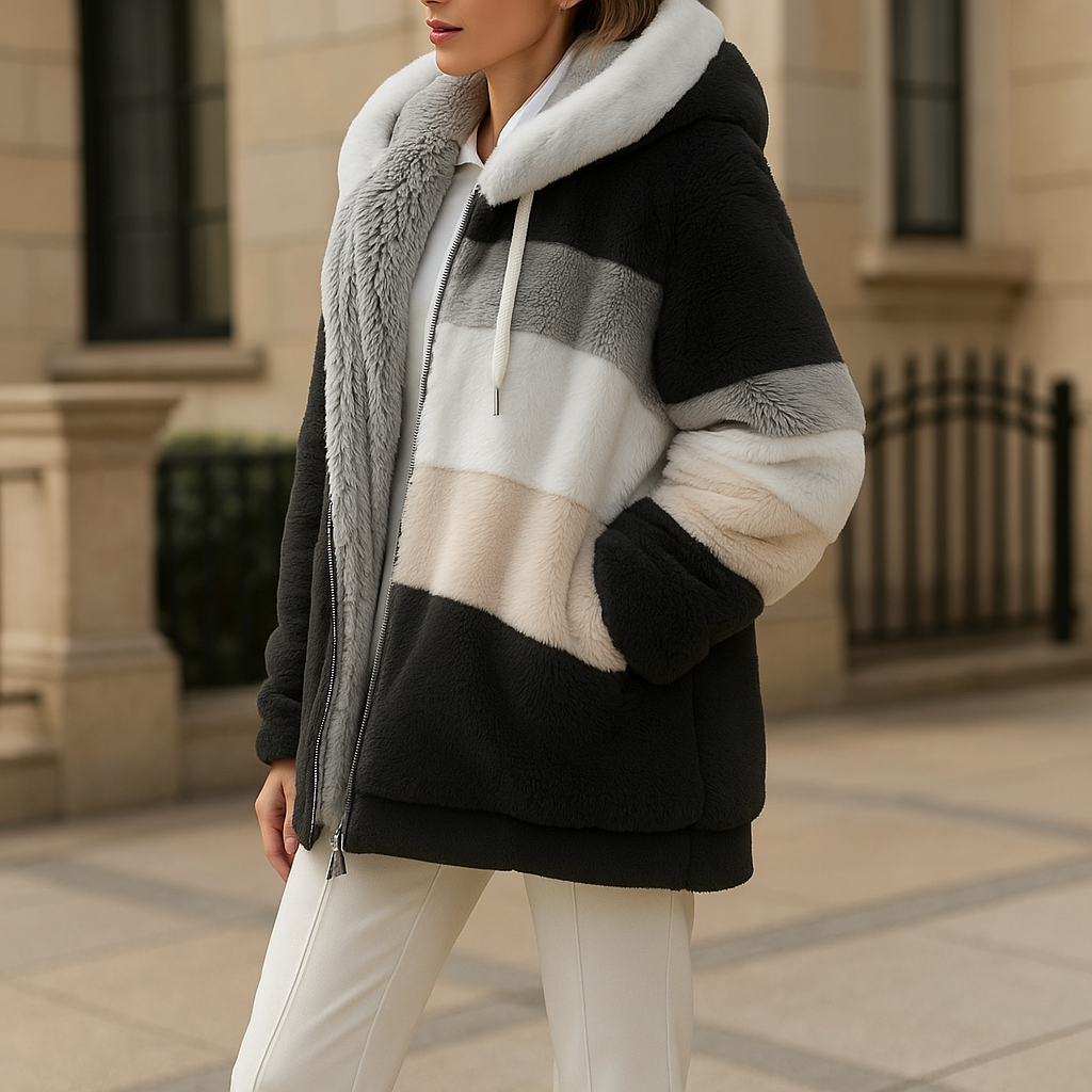 Cozy Striped Faux Fur Hoodie Jacket
