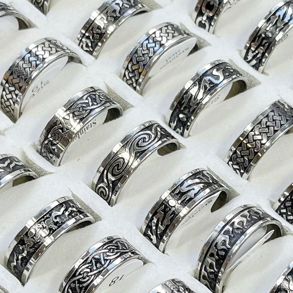 10pcs Vintage Stainless Steel Rings with Mixed Flame Wave PatternAzizaK