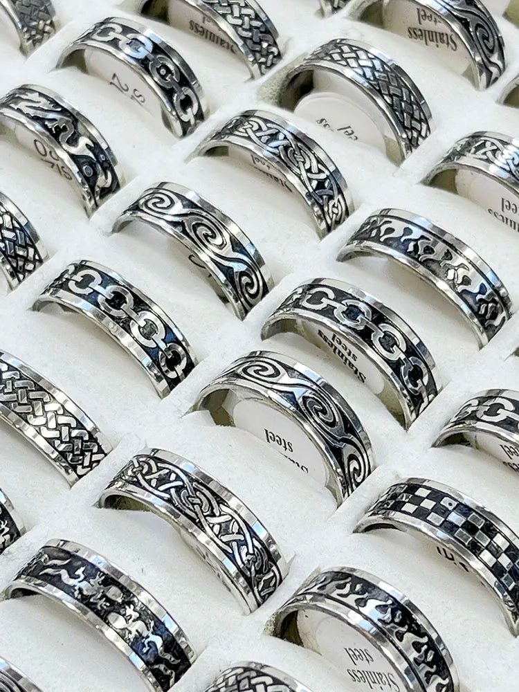 10pcs Vintage Stainless Steel Rings with Mixed Flame Wave PatternAzizaK