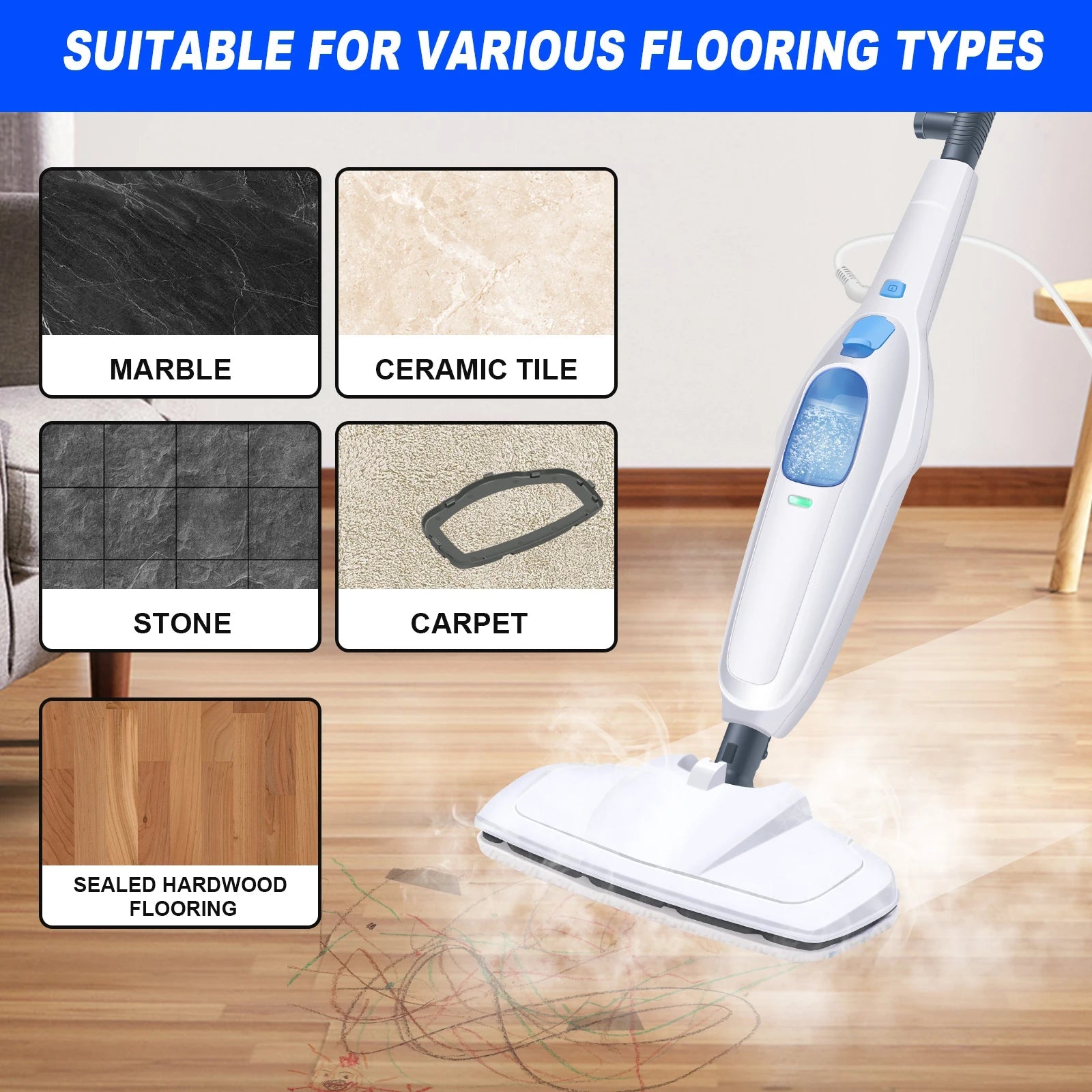 12 in 1 Electric Steam Mop with 120 Degree Rotating Head for Floor Cleaning, 5000W Steam Cleaner, 400ml Water TankAzizaK