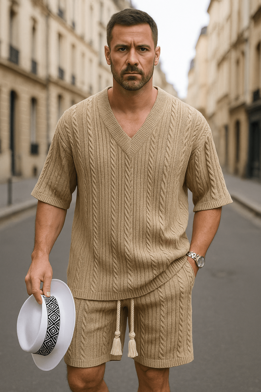 ☀️ 2 - piece knitted set – V - neck T-shirt and shortsAzizaK