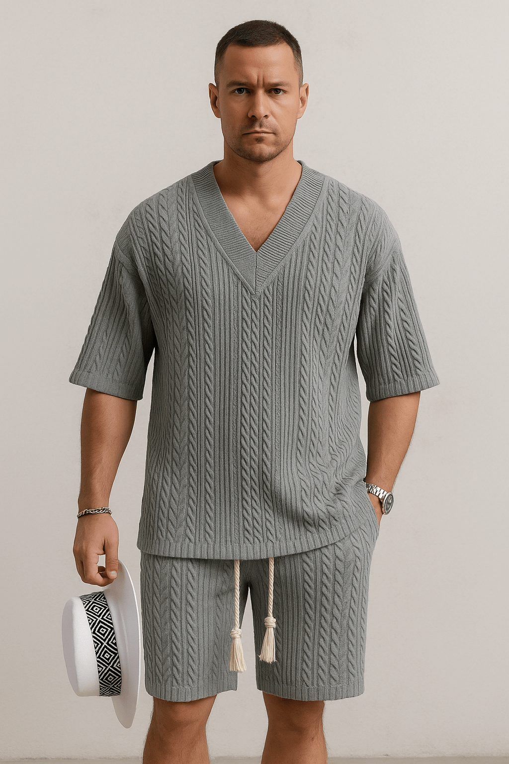 ☀️ 2 - piece knitted set – V - neck T-shirt and shortsAzizaK