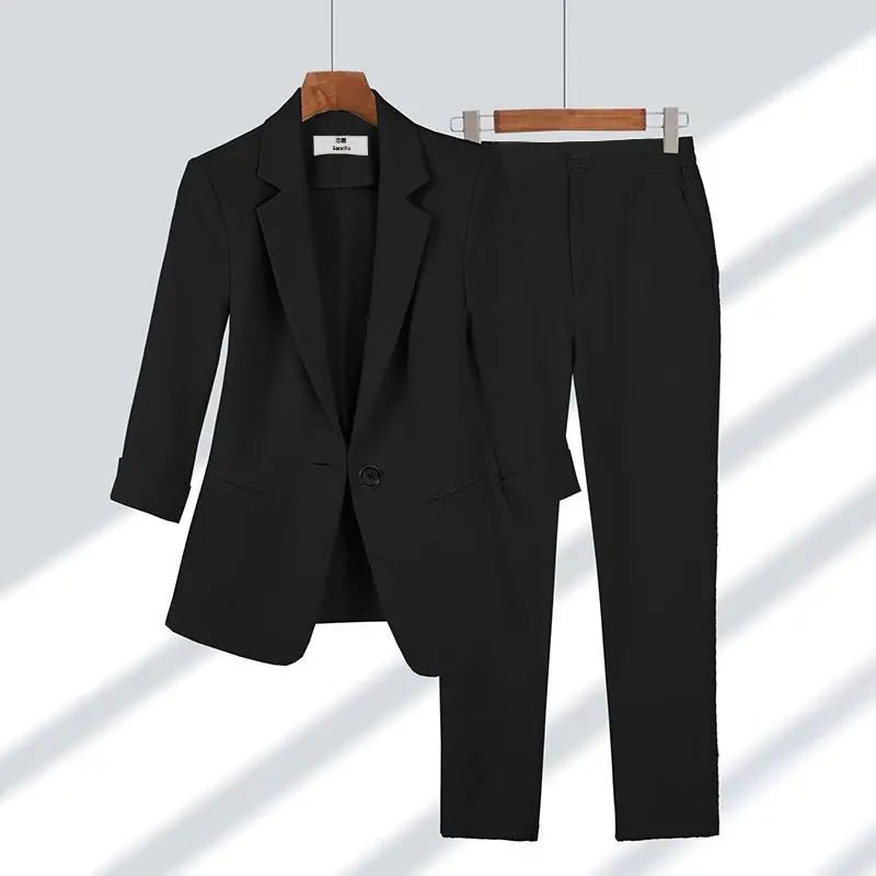 2023 Summer Women's Thin Jacket Blazer Set Casual Wide Leg Pants Two - Piece Elegant Business Office OutfitsAzizaK