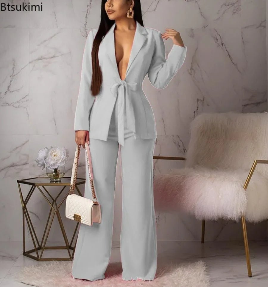 2024 Women's Formal Business Suit Set – Professional Two - Piece Blazer and Pants Kit with Waist Tied Design for Office WearAzizaK