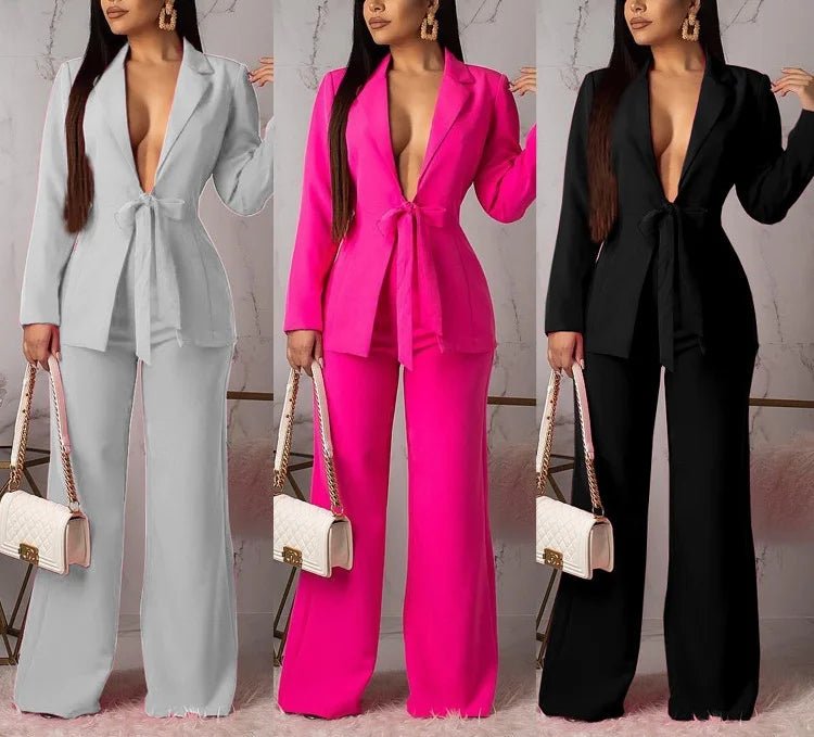 2024 Women's Formal Business Suit Set – Professional Two - Piece Blazer and Pants Kit with Waist Tied Design for Office WearAzizaK