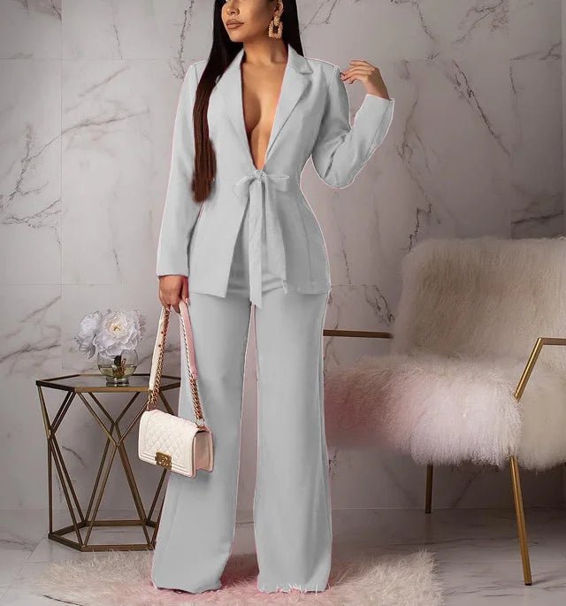 2024 Women's Formal Business Suit Set – Professional Two - Piece Blazer and Pants Kit with Waist Tied Design for Office WearAzizaK