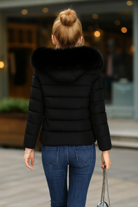 coat with artificial raccoon fur collar