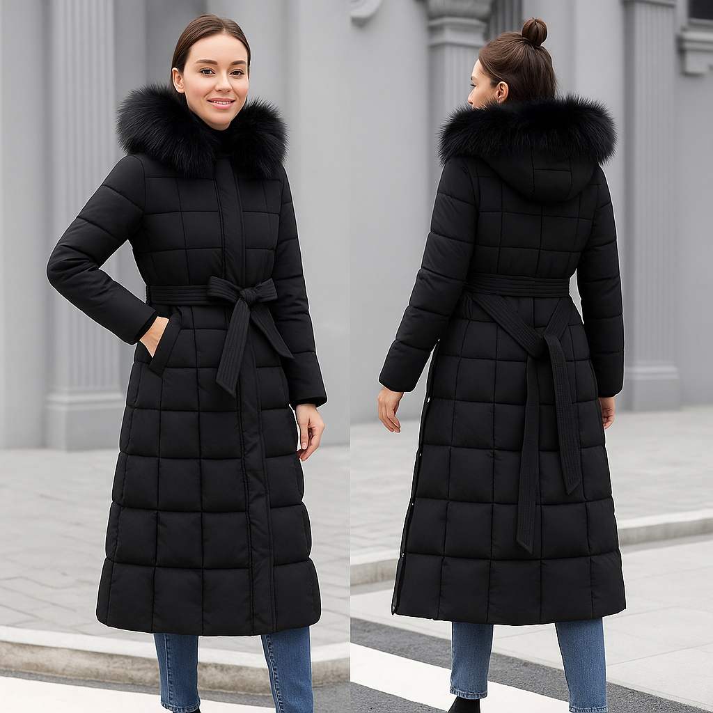 Elegant Long Puffer Coat with Faux Fur Hood